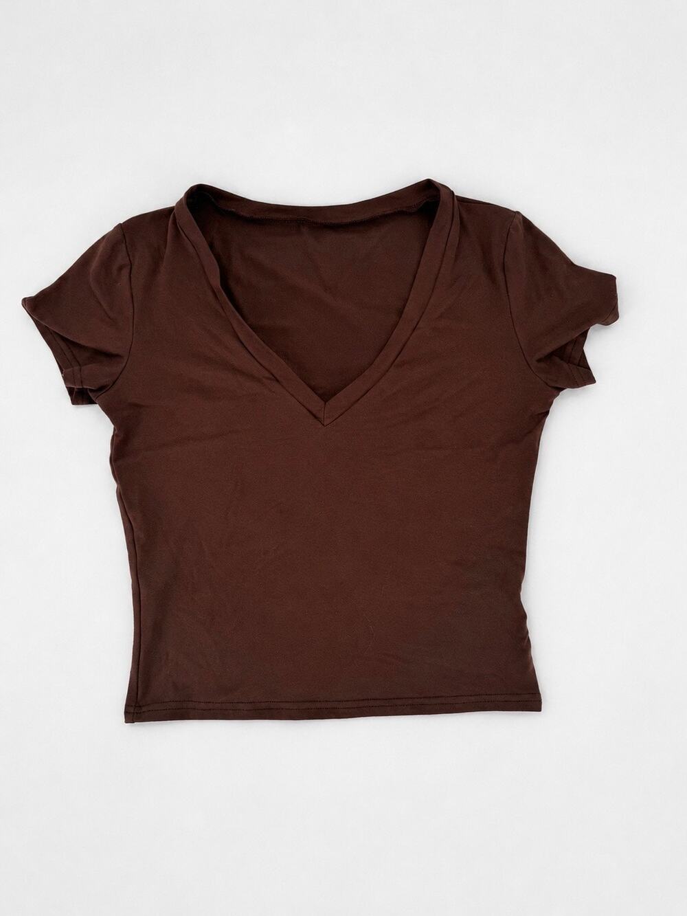 Women’s Brown V Neck Short Sleeve T Shirt Fitted Basic Tee Casual Y2K Size Small